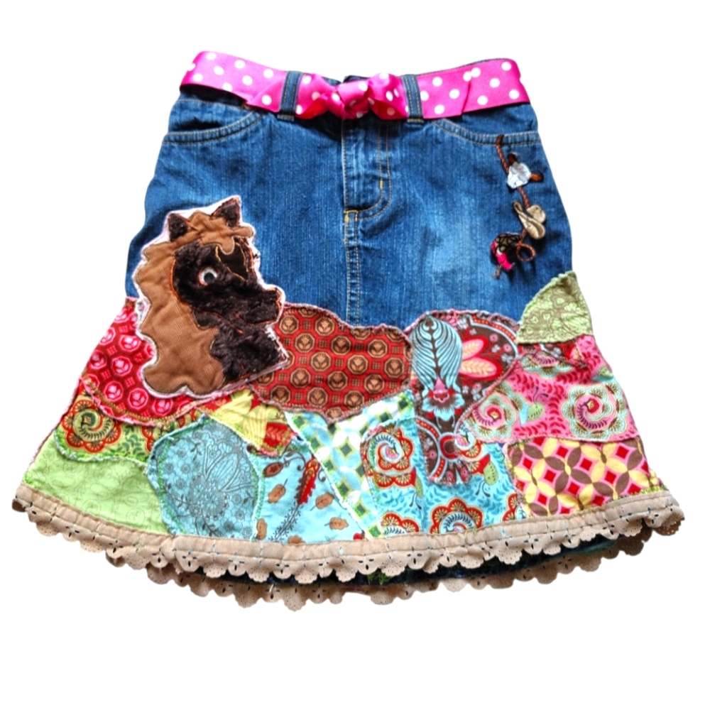 O-Pea-Bean Boutique Western Colorful Denim Girls Skirt with Patchwork Design